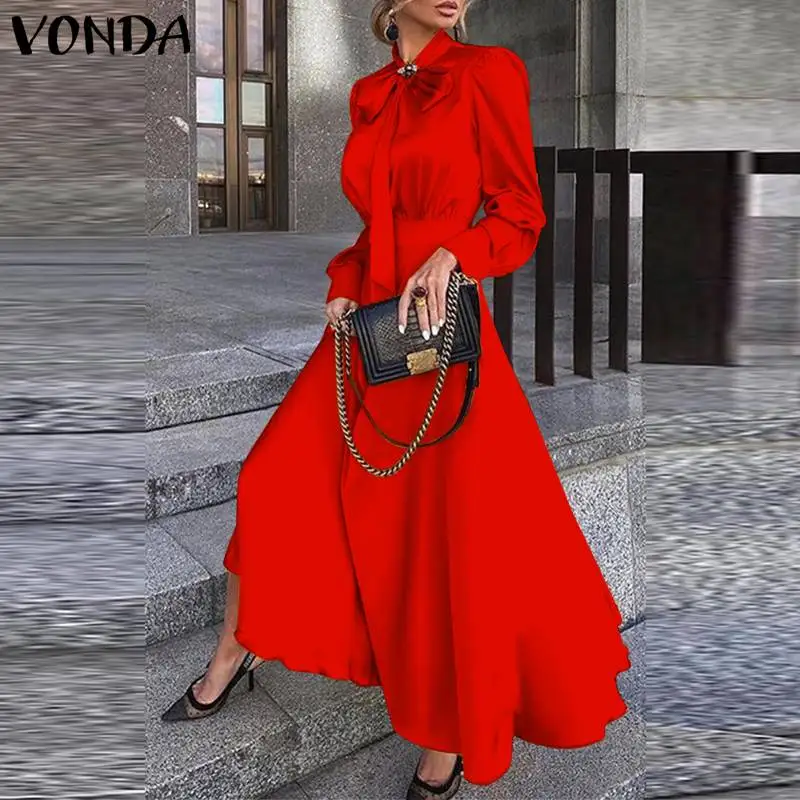 

VONDA Party Dress 2022 Autumn Elegant Women Long Sleeve Maxi Long Dresses Casual High Waist Solid Color Bow Fashion Vestido Robe