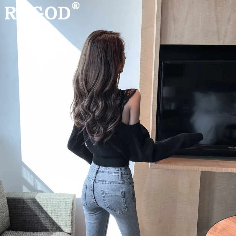 RUGOD Elegang office ladies knitted sweater Fashion lace patchwork V neck criss-cross pullovers female Korean casual solid tops | Женская
