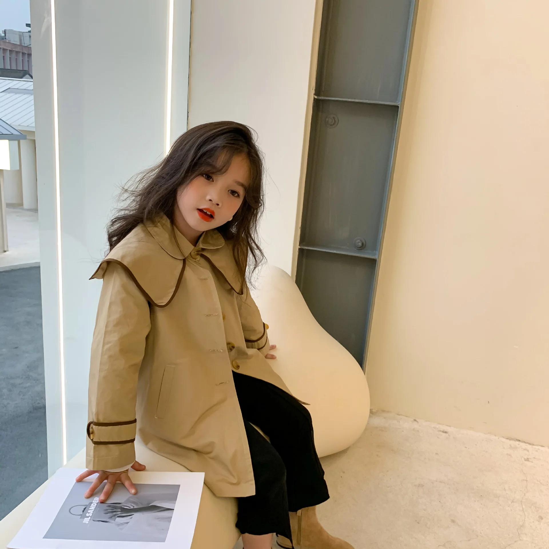 Пальто детское хлопковое цвета хаки с длинным рукавом | Детская одежда и обувь