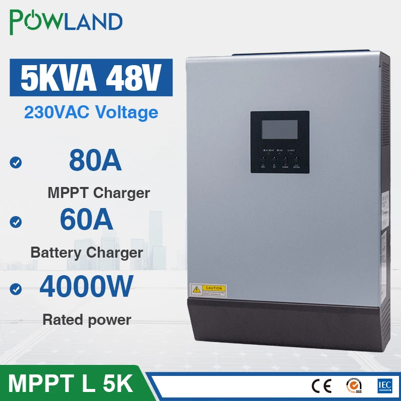 5KVA Гибридный солнечный инвертор 4000W 48Vdc для 230Vac Чистая синусоида 50/60HZ 48V 80A MPPT