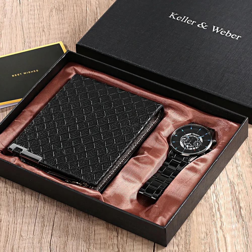 

Stainless Steel Strap Fold Buckle Quartz Watch Wallet Gift Box Set for Friend Family with Business Men's Black Leather Purse