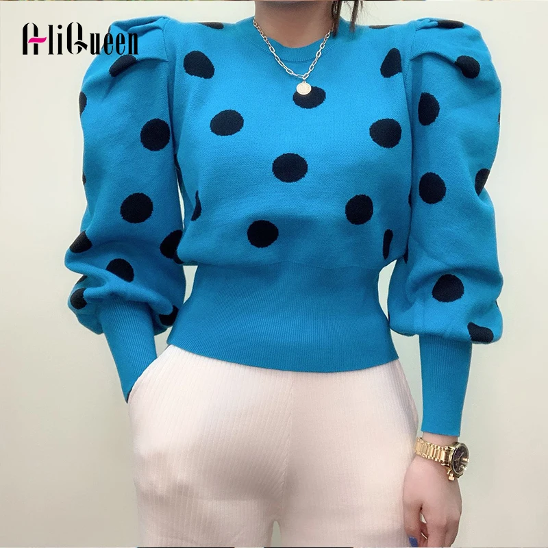 Женский трикотажный укороченный свитер уличный пуловер в горошек с длинными