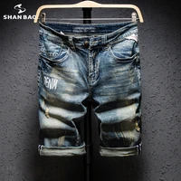 personality trend letter printing mens casual denim shorts 2021 summer new high quality cotton retro distressed jeans shorts