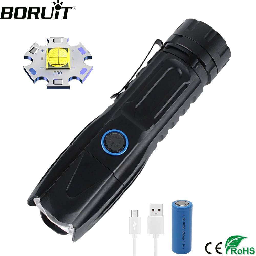 

BORUiT XHP90 LED Super Bright Flashlight Zoomable Waterproof Torch Rechargeable 26650 Battery Power Bank Camping Hunting Lantern