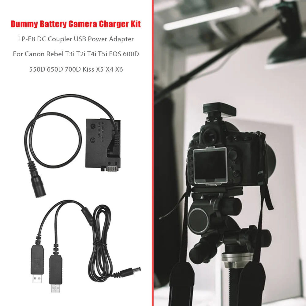 

LP-E8 Camera Charger Kit DC Coupler USB Power Adapter Cord for Canon Rebel T3i/T2i/T4i/T5i/EOS 600D/550D/650D/700D/Kiss X5/X4/X6