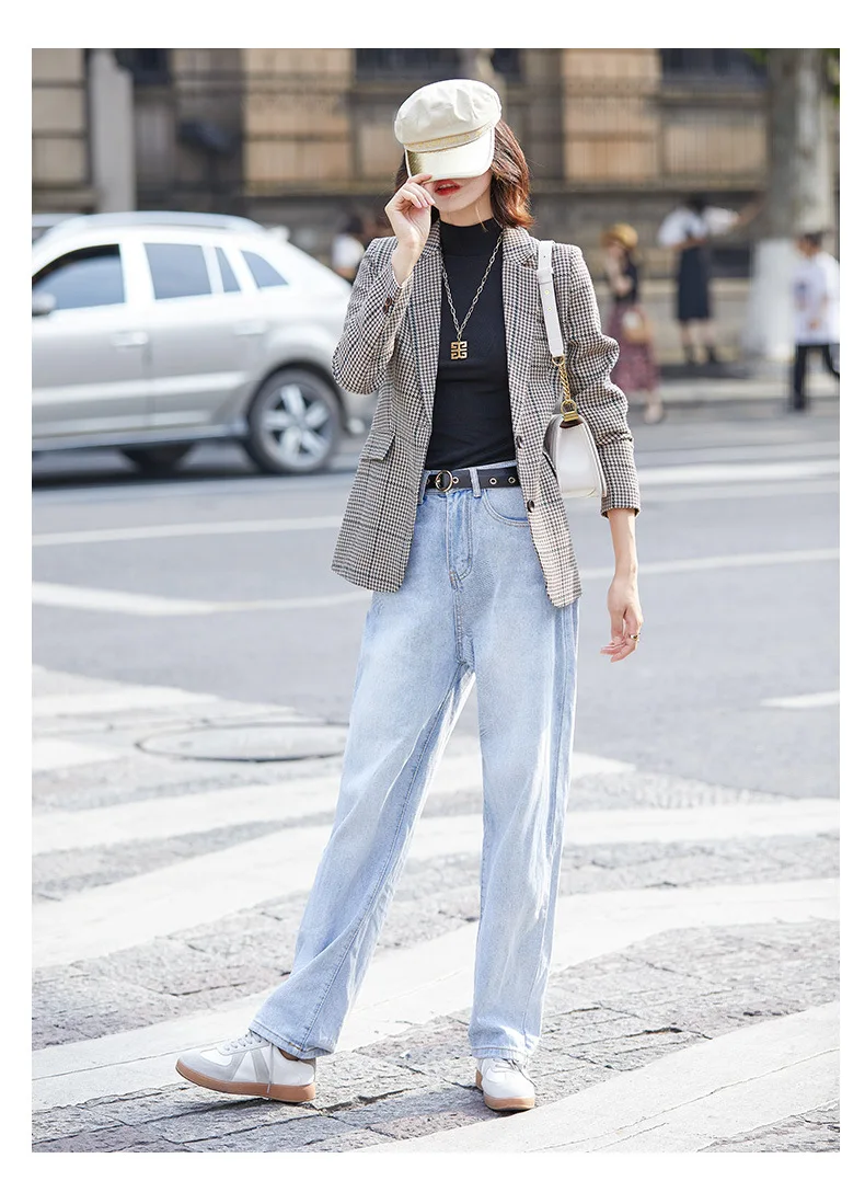 

Plaid blazer woman polyester double breasted regular blazers coat long-sleeve notched collar