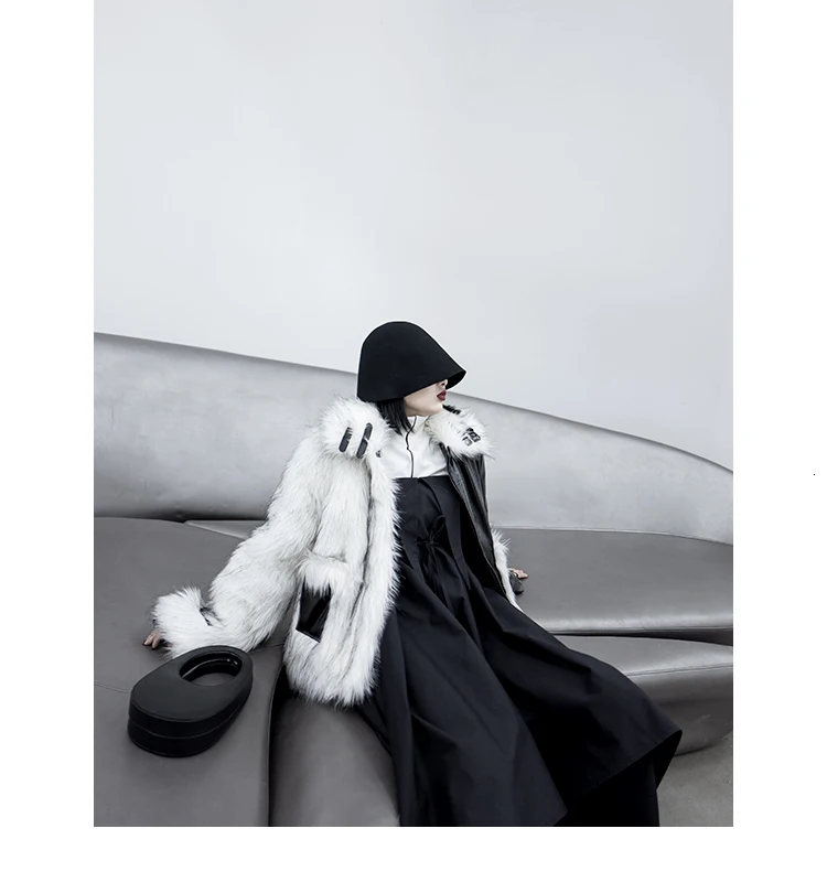[DEAT]Loose Fit Leather Spliced Hit Color Warm Woolen Coat Parkas New Lapel Long Sleeve Women Fashion Autumn Winter 13E858