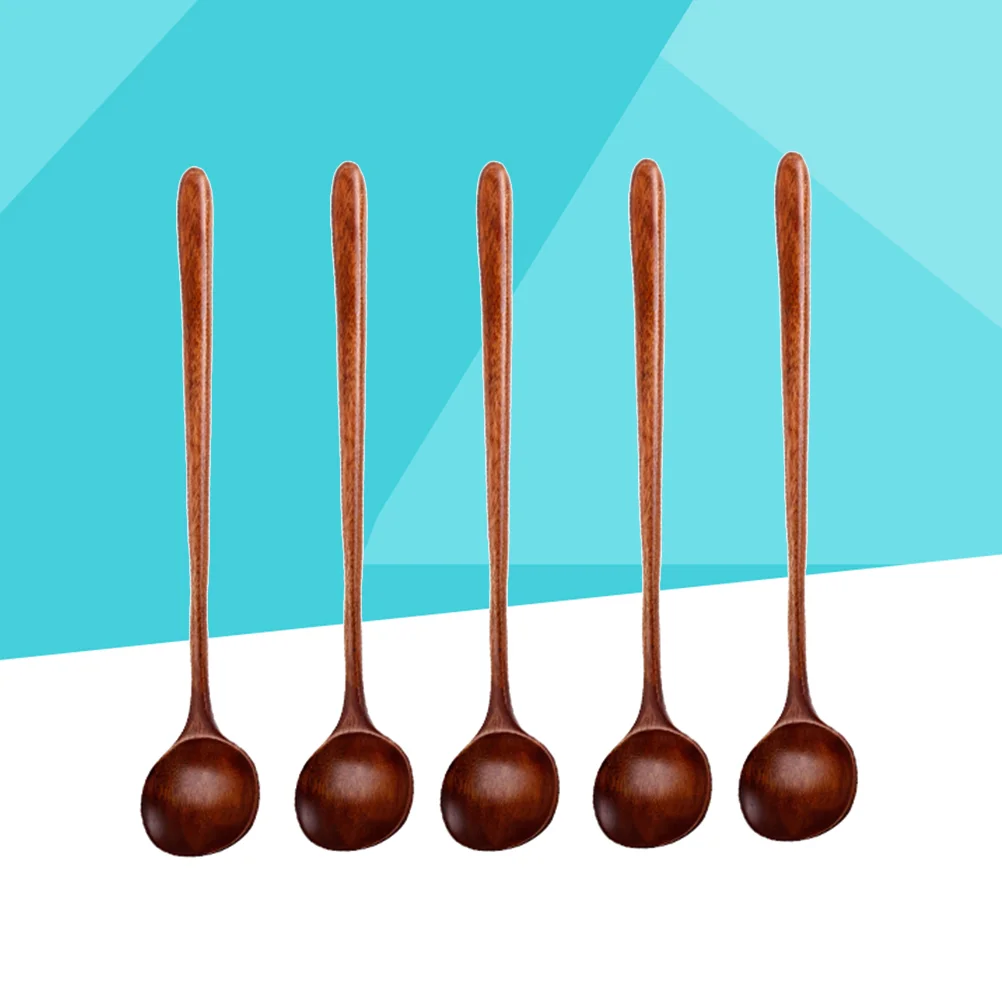 

5 Pieces Korean Style Natural Wood Long Handle Spoons for Soup Cooking Stirrer Kitchen Tools #h20