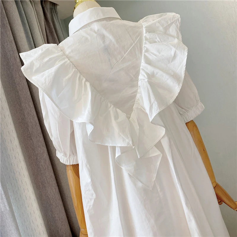 

Casual Ruffle Patchwork Diamonds Dress For Women Lapel Puff Short Sleeve High Waist White Mini Dresses Female Style
