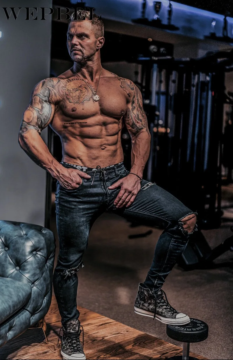 

WEPBEL Men Autumn Winter Pants Distressed Long Denim Trousers Ripped Leg Hole Pencil Jeans Male Slim Fit Destroyed Jeans Pant