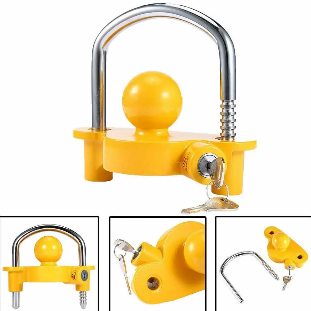 Trailer Hitch Lock with 2 Keys Fits 1 7/8&quot 2&quot and 5/16&quot Adjustable Storage Security Heavy Duty Steel Yellow Chrome|Детали и