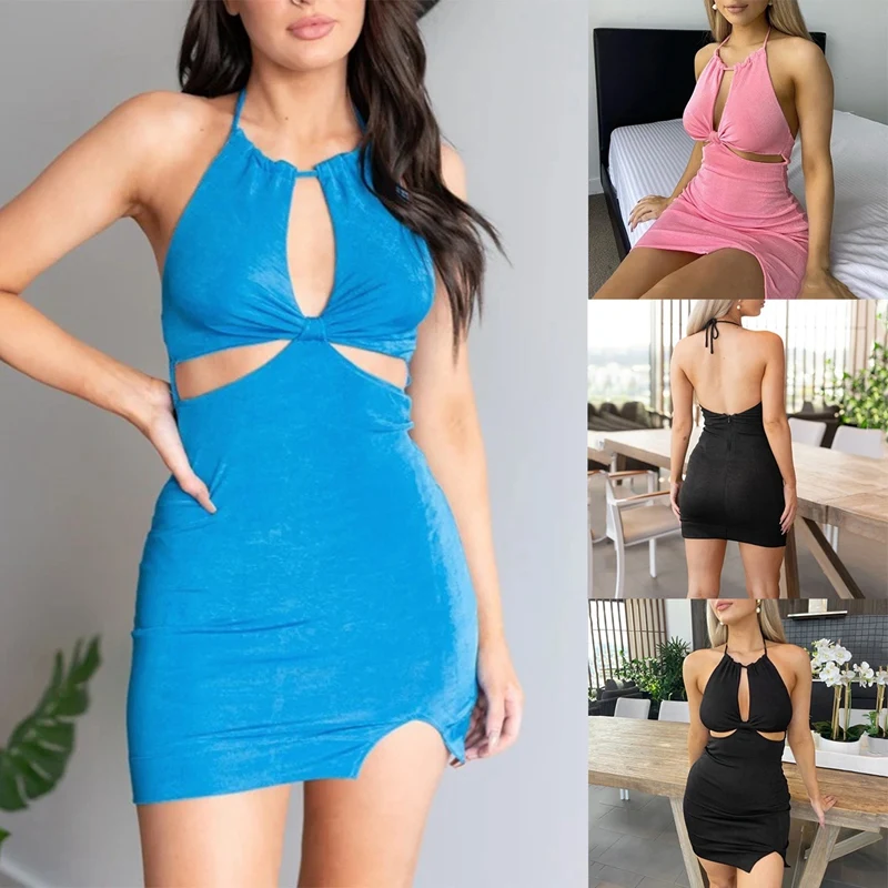

Summer Women Sexy Open Back Hollow Wrapped Chest Hanging Neck Bag Hip Dress