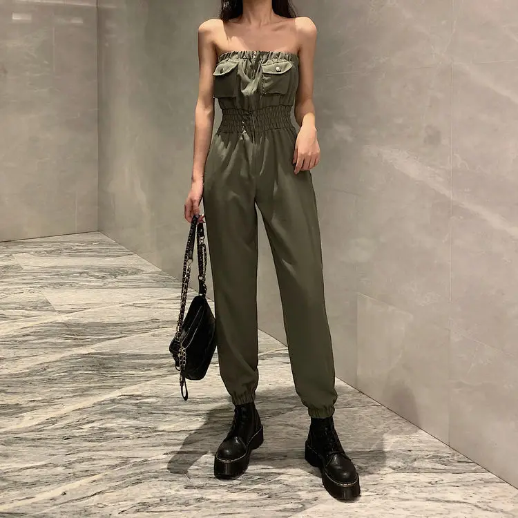 

HStar Summer Sexy Tube Top Off Shoulder Safari Style Black Jumpsuit High Waist Zipper Slim Long Pants Playsuits