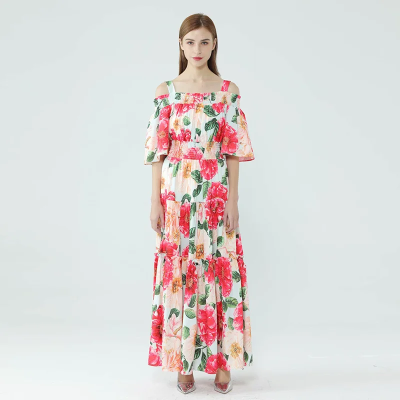 

Early spring 2021 new women's dress with rose print one line collar showing thin, slim, big swing, sexy long dress