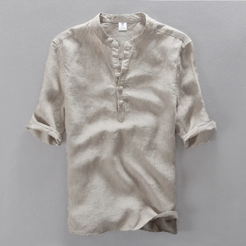 

Men's half sleeve Summer Linen Solid Stand Casual Shirt Slim Fit Male dress Chinese style