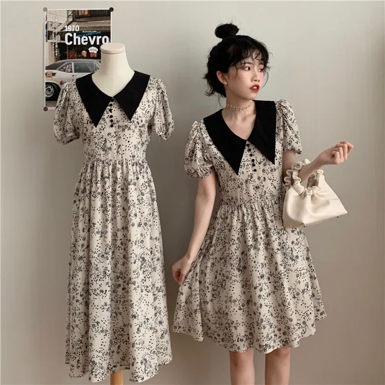 

Korean Chic French Style Girly Temperamental Mid-Length Contrast Color Lapels Cute Youth-Looking Puff Sleeve Small Floral Dress