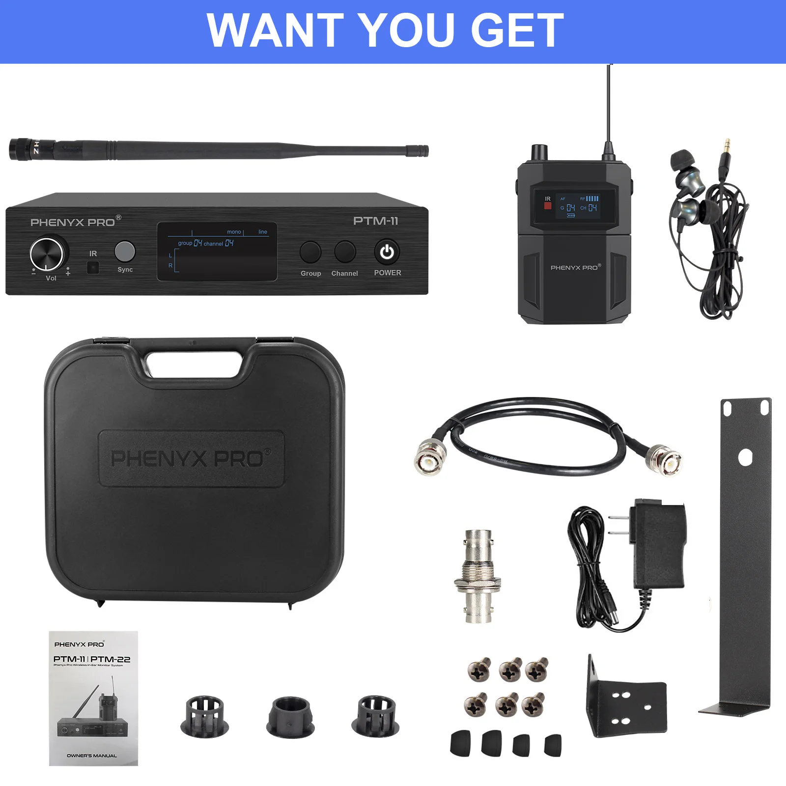 Phenyx Pro PTM-22 UHF Mono Dual Wireless in Ear Monitor System с набором для крепления в стойке (900 МГц)