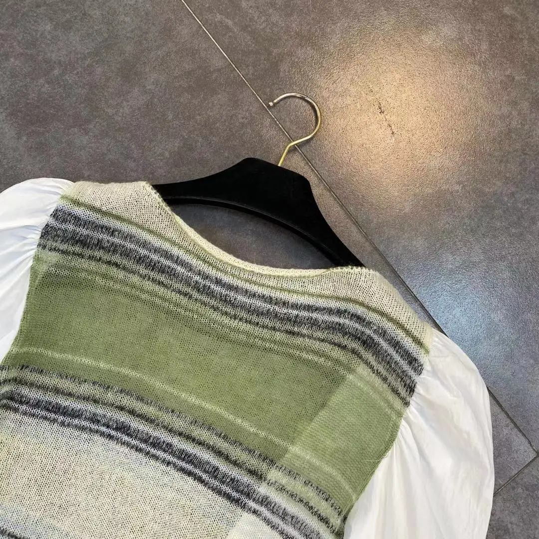 

ZCSMLL Round Neck Women Tops Long Sleeve Stitching Stripe Knitting Personalized Button Decorative Shirt 2021 Spring