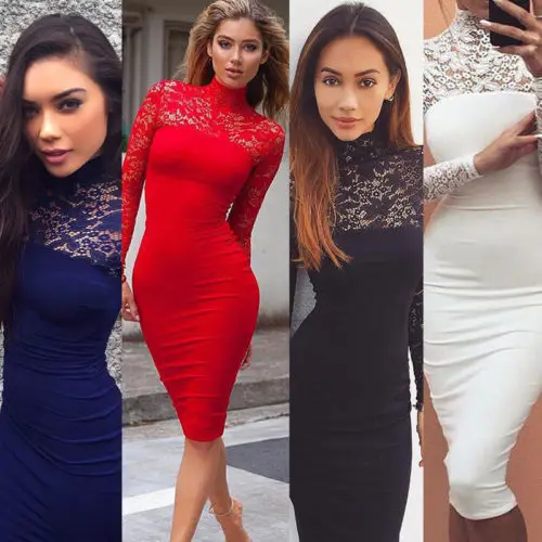 Женское Кружевное облегающее платье-водолазка вечернее однотонное короткое