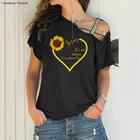 Женская футболка с принтом, летний топ с открытыми плечами, с рисунком подсолнухов и сердца, размера плюс