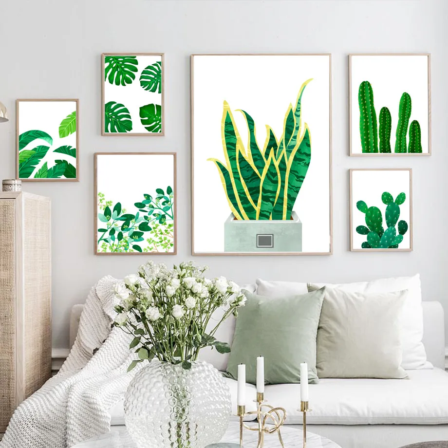 Green Tropical Plants Leaves Cactus Wall Art Canvas Painting Nordic Posters And Prints Pictures For Living Room Home Decor | Дом и сад