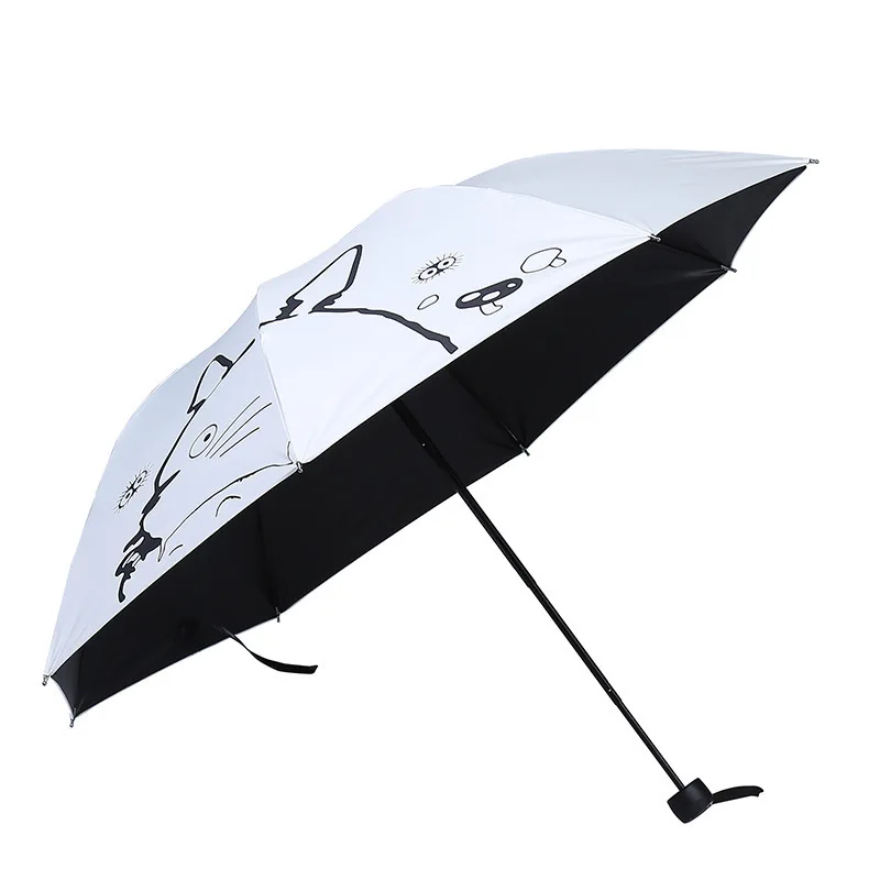 

New Small Fresh Black Plastic Chinchillas Printing Umbrella Promotion Three Fold Folding Umbrella Rain Dual-use Sunscreen