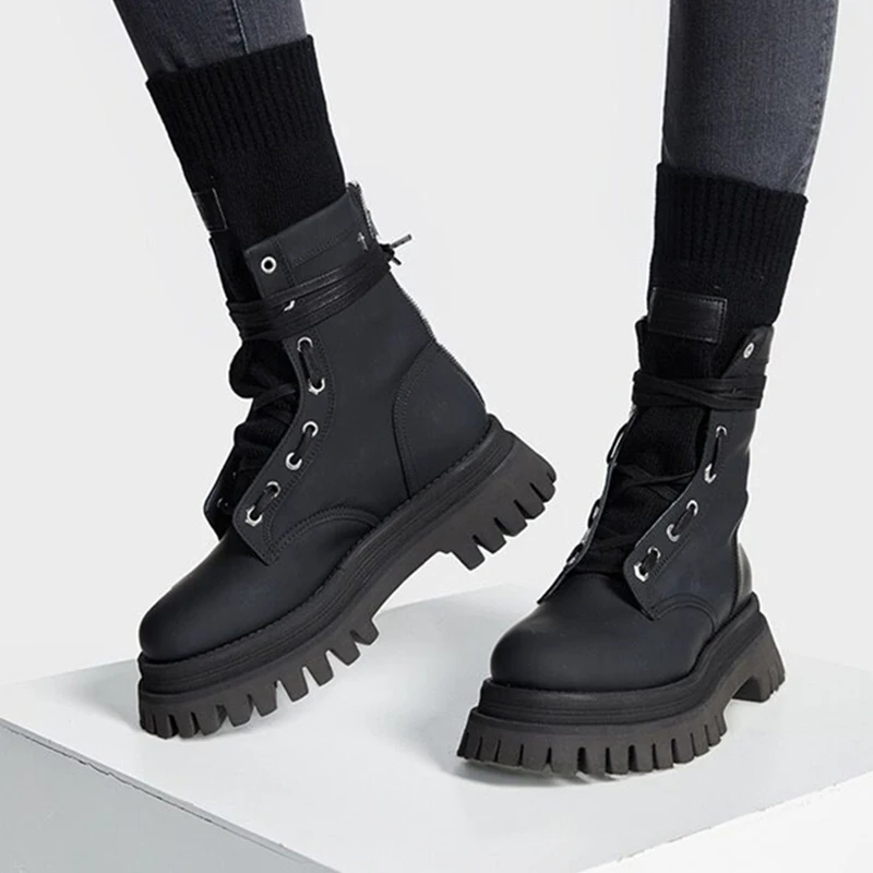 

Newest Yellow Real Leather Motorcycle Boots Woman Round Toe Weave Sock Lace Up Thick Bottom Ankle Botas De Mujer Martin Boots