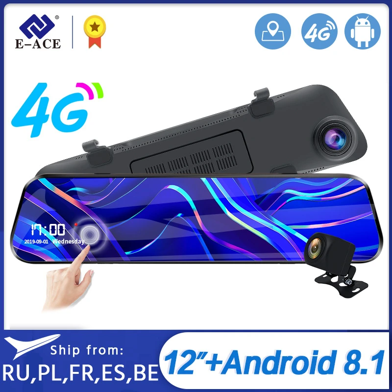 E-ACE 12 дюймов Автомобильный видеорегистратор зеркало 4G Android 8 1 Даш Камера авто