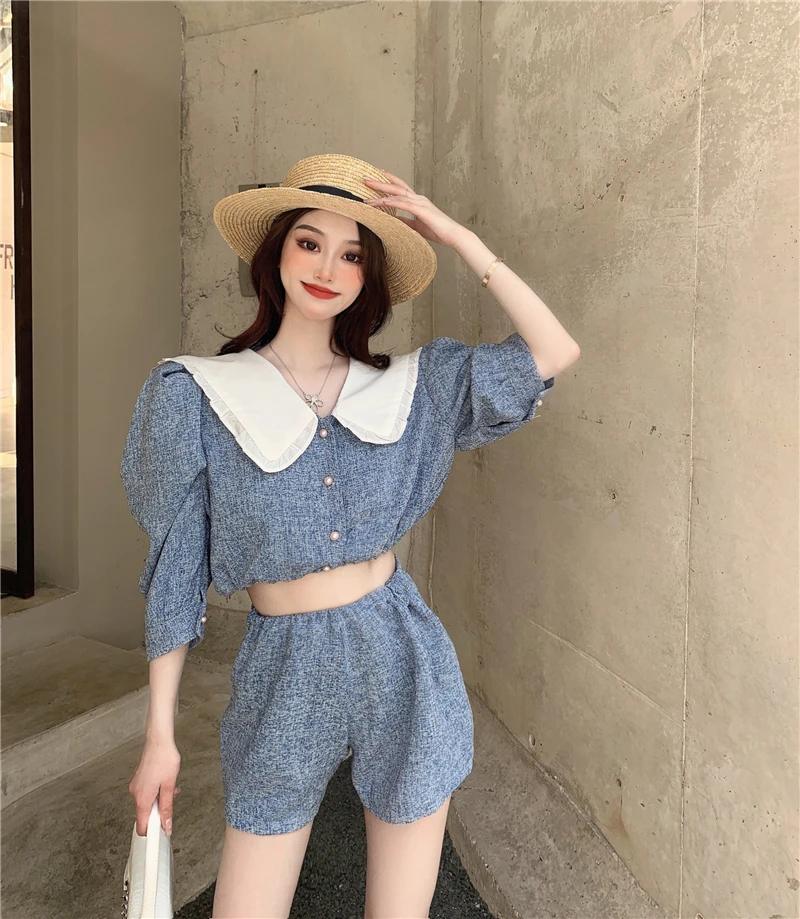 

2021 Summer Two Piece Sets Women Casual short puff sleeve tops 2Pcs Sets peter pan collar Crop Tops and Short trousers