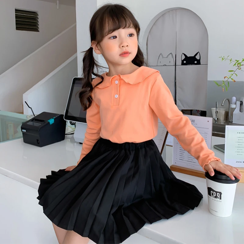 Детские топы хлопковая Футболка с кукольным воротником весна осень 2021 одежда для