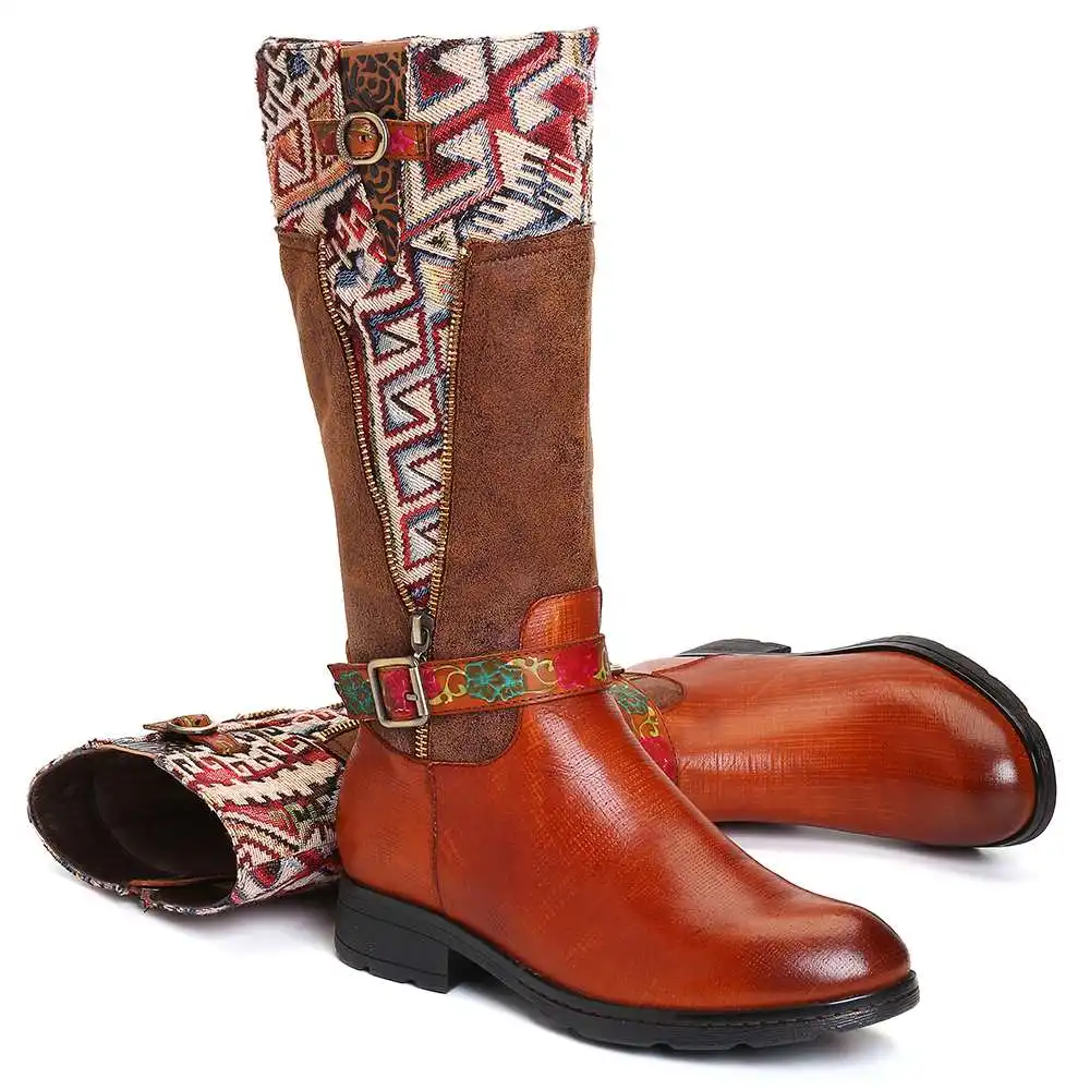 SOCOFY Botas mujer; ботинки из натуральной кожи с квадратным узором; ботинки до середины икры на мягкой плоской подошве; обувь на каблуке; женская зимняя обувь