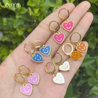 obyb heart smiley face dangle earrings for women korean fashion girls multicolor enamel hanging earrings statement jewelry gifts
