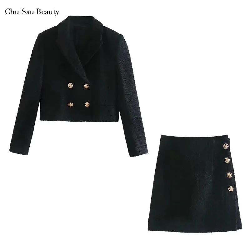 

2021 ZA Women's Autumn And Winter Texture Short Suit Jacket Fashion Lapel Long-Sleeved Double-Breasted Short Jacket Mini Skirt