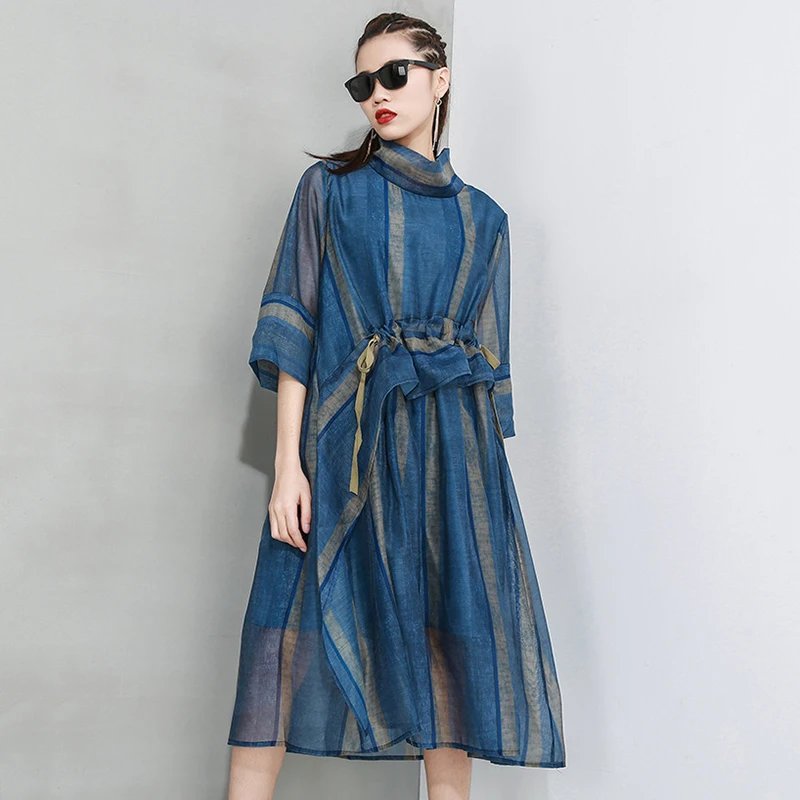 [EAM] женское Полосатое Сетчатое платье с разрезом новая водолазка рукавом три