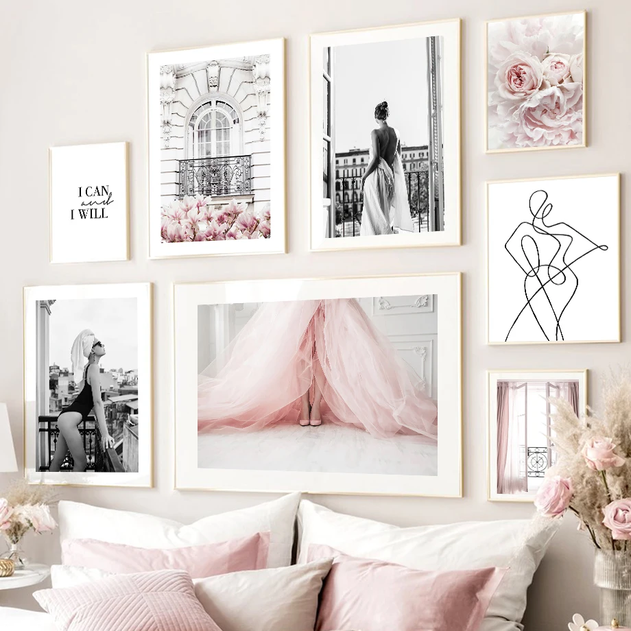 Женщины на Париж балкон розовое платье в цветочек Nordic постер лайн настенный