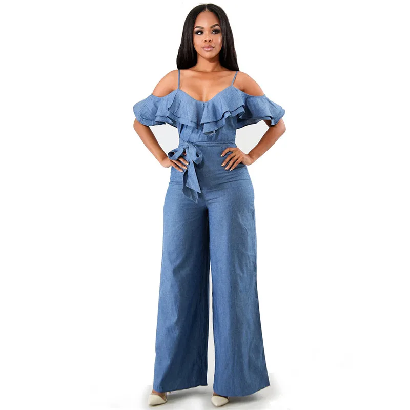 

Women Elegant Spaghetti Strap Off Shoulder Denim Jumpsuit Jeans Ruffles Backless Casual Blue Jean Romper Loose Wide Leg Jumpsuit