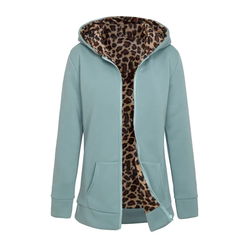 

Euramerica Hooded Padded Leopard Sweaters Zipper Women Plus Velvet Large Size Hoodies Coat Winter Women's Clothing Sweatshirts