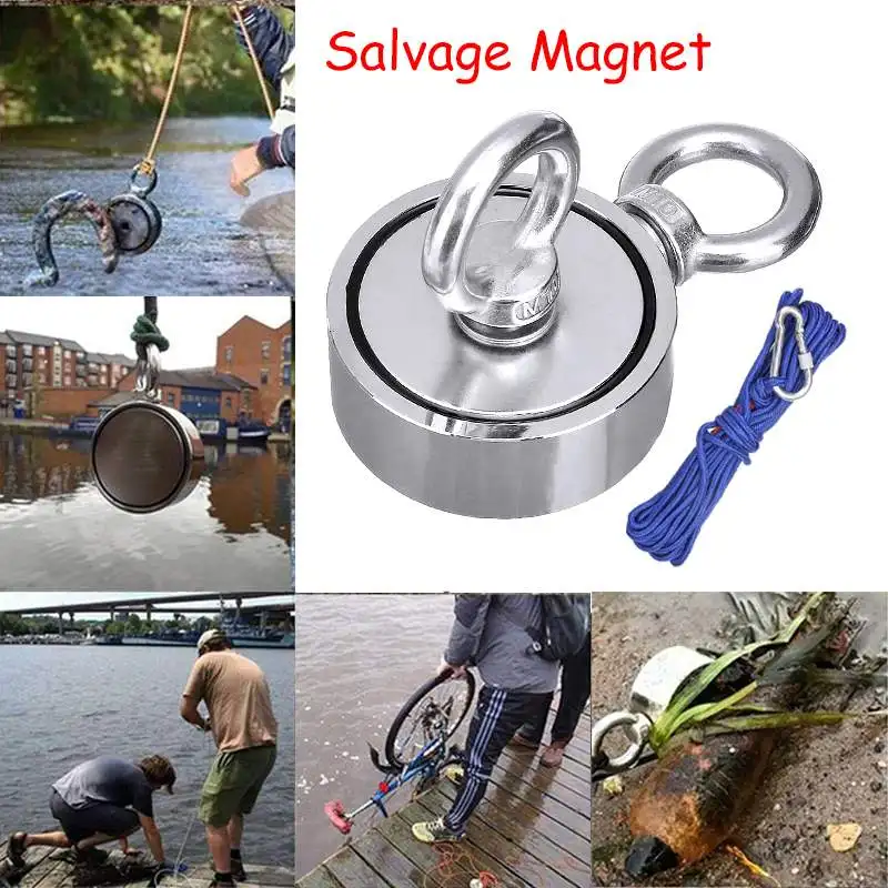 

NEW 600Kg Powerful Neodymium Magnet Double lifting ring Search magnet hook strong power Deep Sea Salvage Fishing magnet+20m Rope