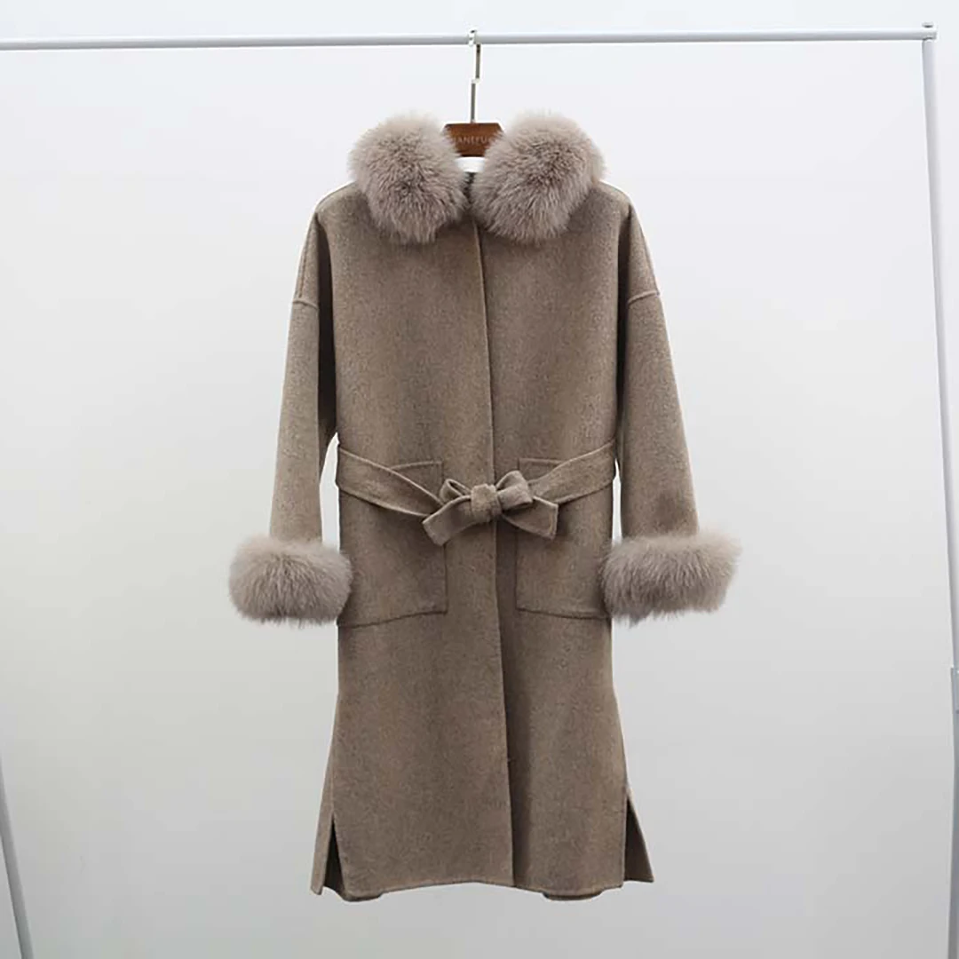 

Winter Women Long Cuff With Fox Hair Wool Coat Top Quality Fashion Cashmere Outwear With Belt