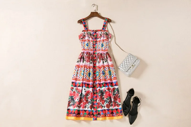 

Women cotton dress with flower print braces skirt 2021 fashion summer beach holiday red color