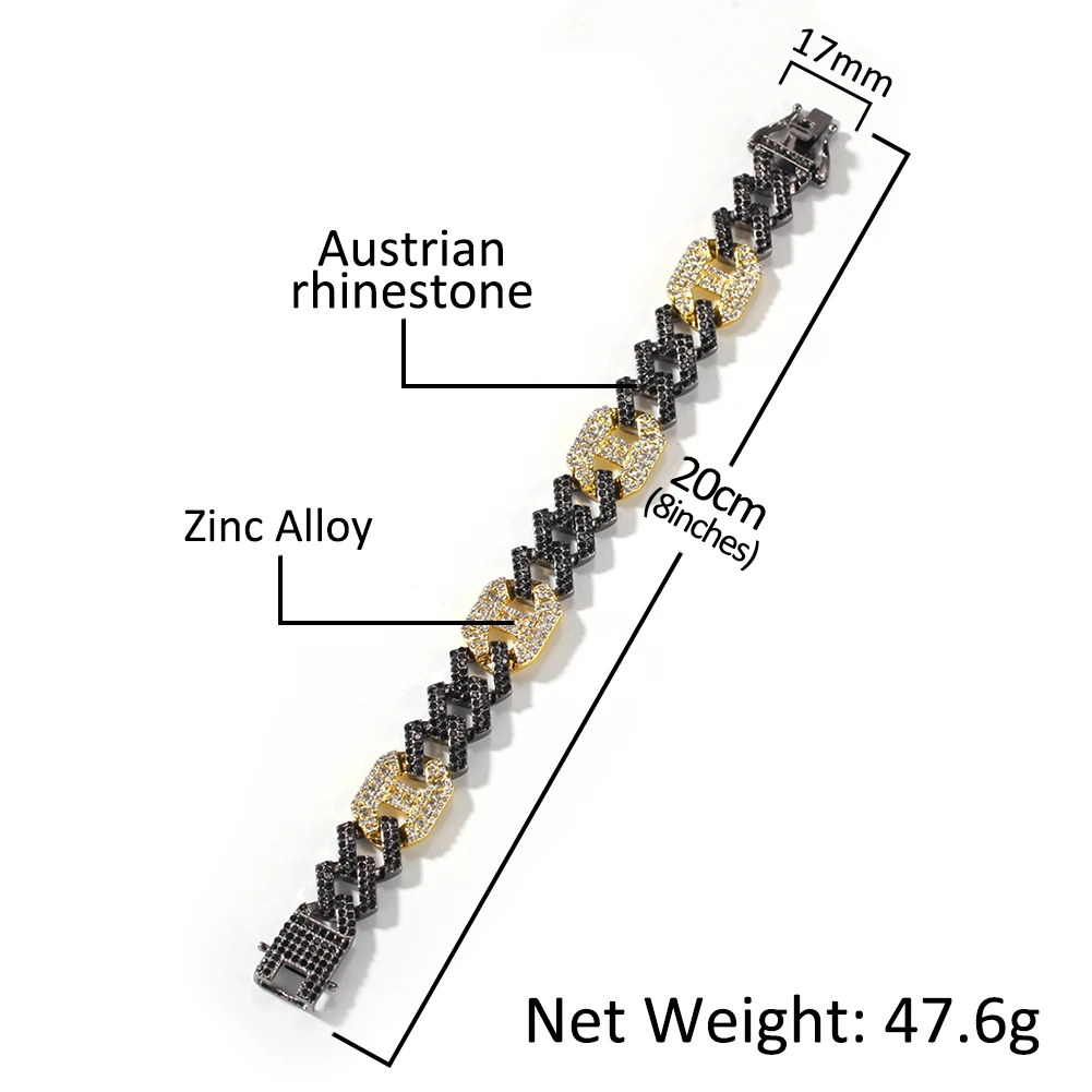 

New fashion charm iced out 17mm Men Women Two-tone Gold & Black Bracelets For Men Women Fashion Hiphop Jewelry Prong Bracelet