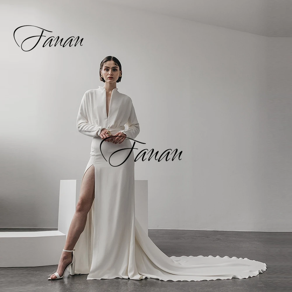 

Simple V-Neck Long Sleeve Evening Dress Backless Side High Slit Court Train Bridal Gown robe de soirée de mariage платье