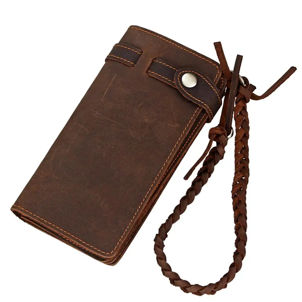 New Fashion Top Layer Cowskin Long Wallet with Braided Hand Strap Vintage Genuine Leather Coin Purse Luxury Card Clutch Bag