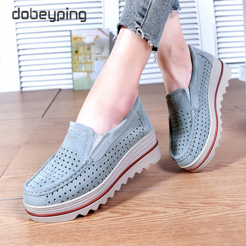 Summer Women's Shoes Breathable Hollows Flat Platform Ladies Sneakers Female Cow Suede Leather Loafers Woman Wedges Slip On Shoe