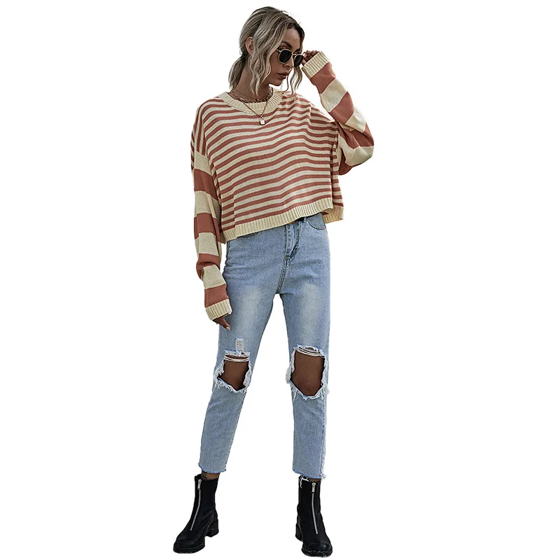 

Women's Winter Clothes O-Neck Pullovers 2020 Autumn Women's Striped Pullover Loose Knitted Sweater Women's Short Outer Wear