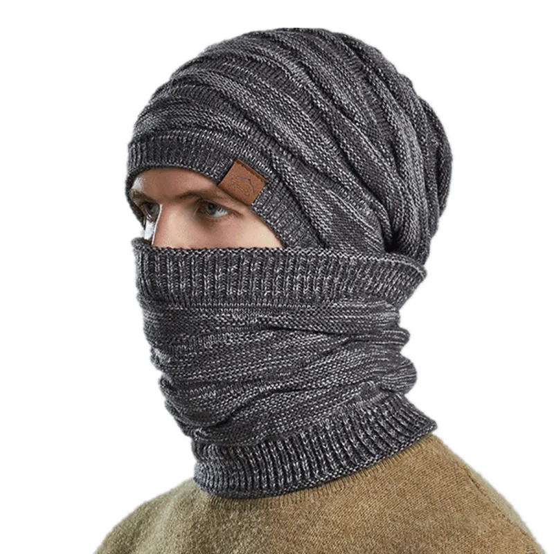 

Winter Beanie Hats Scarf Sets Man Warm Knitted Hat Skull Cap Neck Warmer Thicken Fur Lined Male Winter Hat Mask Scarf for Men