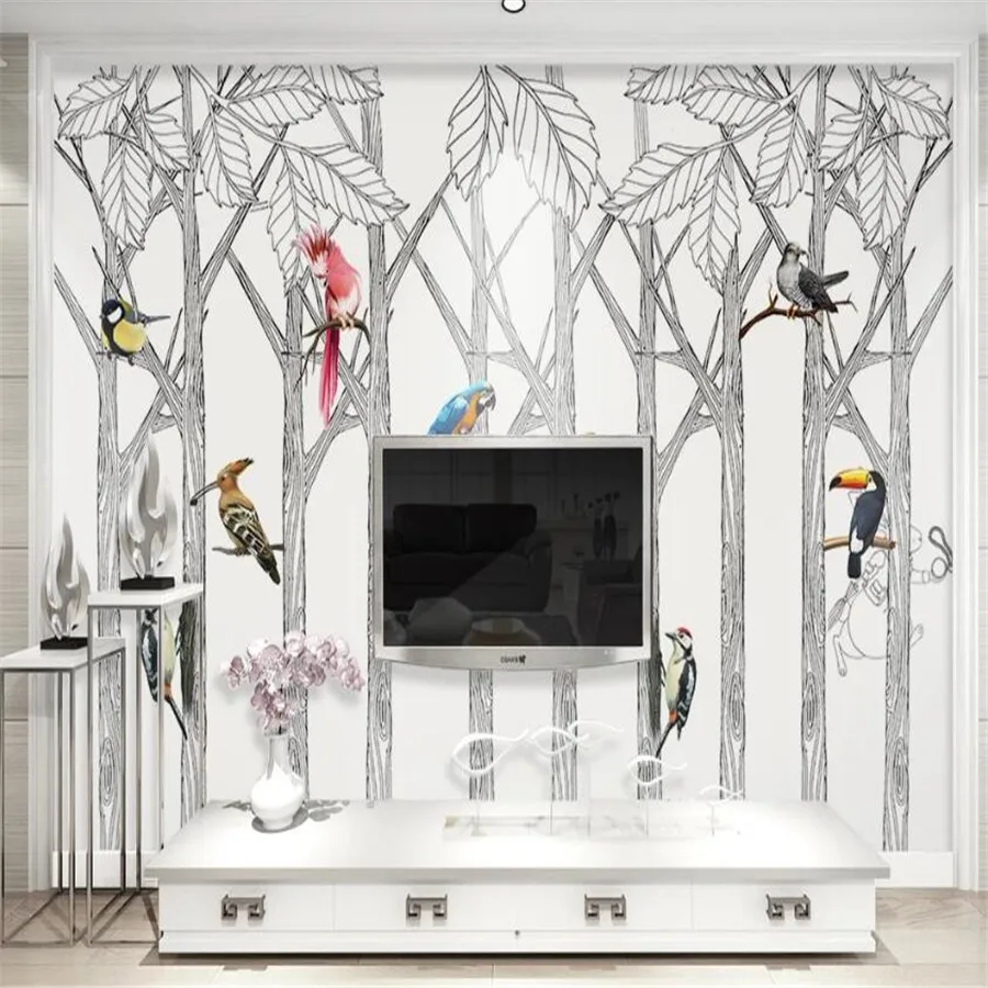 

3D-обои Milofi на заказ, красивые Настенные обои в скандинавском стиле, ручная роспись, черные и белые деревья, плавки, птицы, фон для телевизора, ...