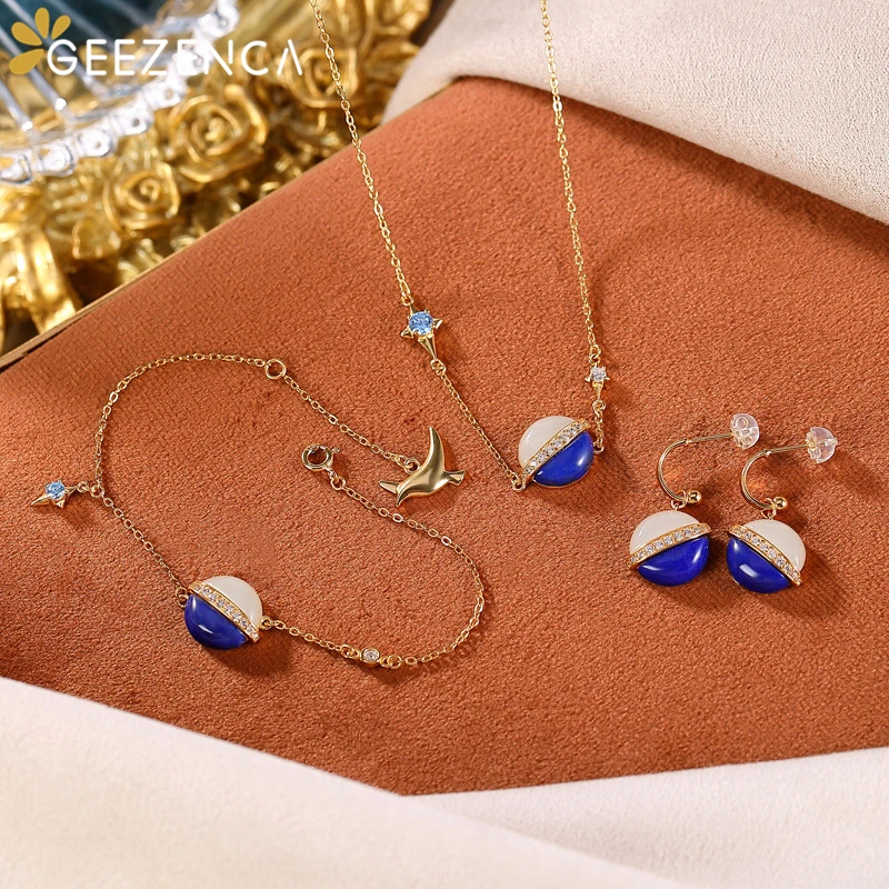 Ожерелье и браслет из серебра 925 пробы с позолотой белым нефритом лазуритом |