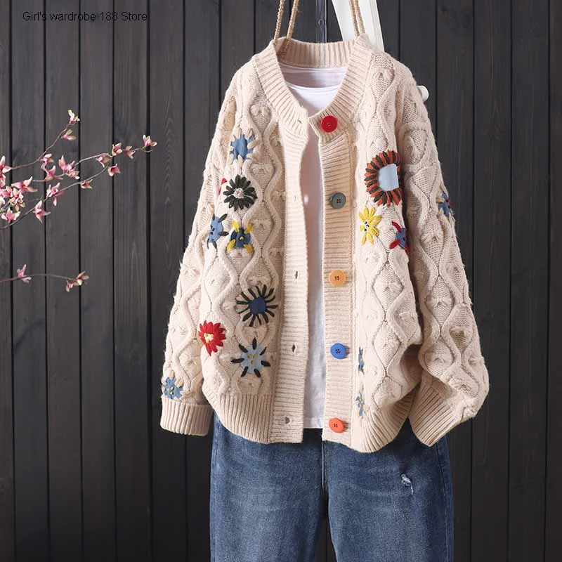 

Женский трикотажный кардиган на пуговицах, с вышивкой и длинным рукавом