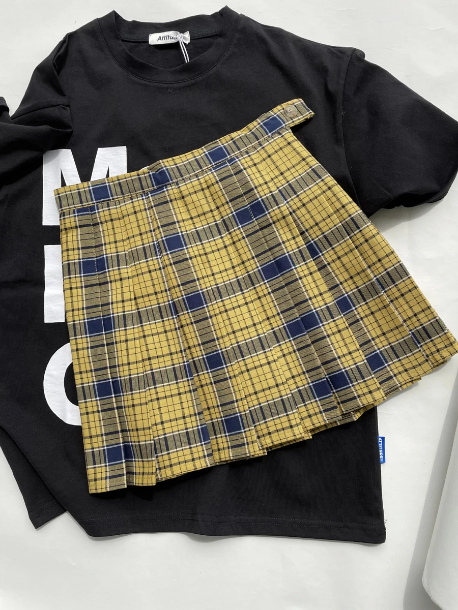 

Summer 2021 new preppy cute yellow plaid pleated skirt women mini plaid skirt female kawaii high waist large size short skirts